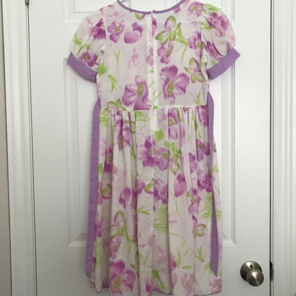 Purple White Floral Short Sleeve Dress Girls Size 9 With Front Bow Back Zipper - Picture 5 of 8